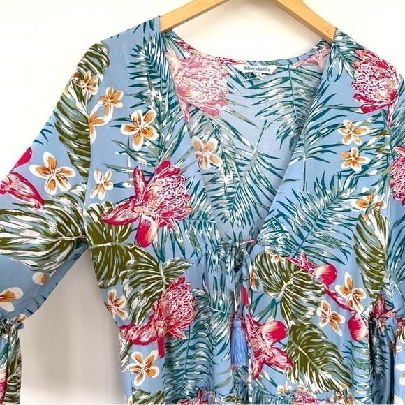 Blue  Island swim coverup or beach dress, 3/4 length sleeves, ruffled - Picture 2 of 11